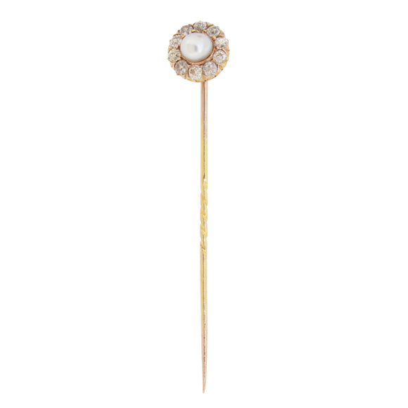 A Victorian, yellow gold, pearl & diamond set stick pin