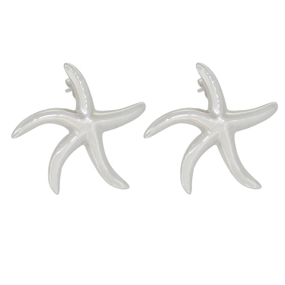 A pair of modern, silver, starfish earrings