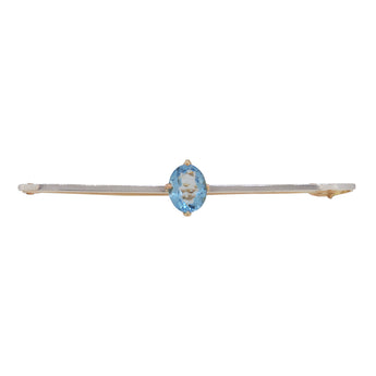 An Edwardian, 9ct white & yellow gold, aquamarine set single stone bar brooch