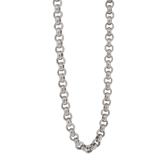A modern, silver, belcher link chain